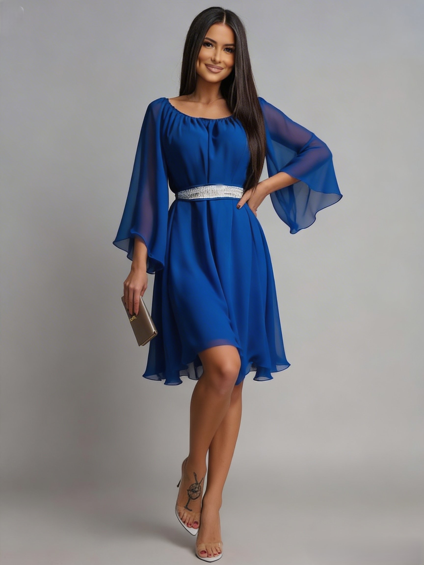 rochii negre midi Rochie midi albastra din voal vaporoasa Alexia